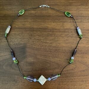 Leaf beaded necklace green purple, fairycore bohemian hippie boho chic whimsy